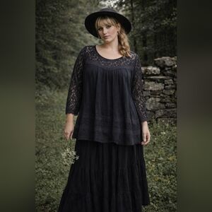 Boho | Dark Cottage Lace Detail And Sleeve Tunic 100% Cotton